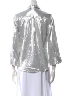 Alternative view of Alice + Olivia Silver Metallic Lame Button Up Top Blouse Size Medium