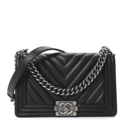 Chanel Black Quilted Chevron Calfskin Medium Boy Flap Ruthentium Bag