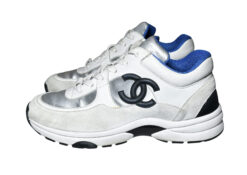 Chanel White Silver Suede Calfskin Interlocking CC Low Top Trainers Sneakers 37