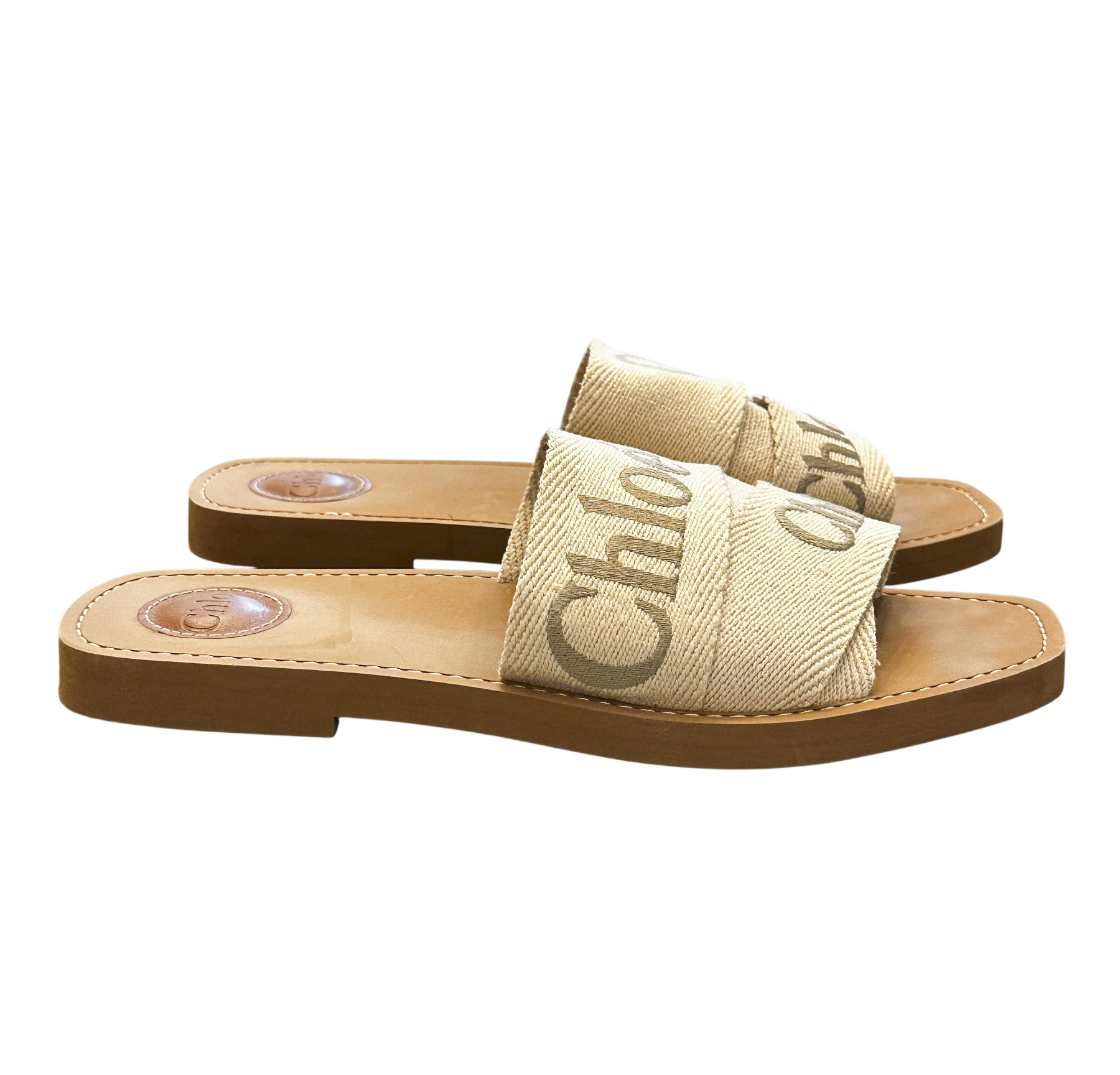 Chloe Woody Blushy Beige Logo Strap Slides Mules Sandals Size 40 - Image 3