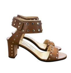 Jimmy Choo Veto 65 Brown Leather Studded Block Heels Sandals Size 37.5