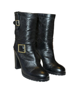 Alternative view of JIMMY CHOO Dart Black Leather Buckle Moto Biker Heeled Mid Calf Boots Size 37.5