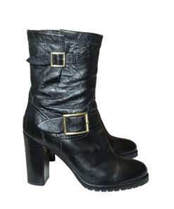 JIMMY CHOO Dart Black Leather Buckle Moto Biker Heeled Mid Calf Boots Size 37.5