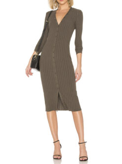 Enza Costa Olive Rib Knit Long Sleeve V-Neck Cardigan Midi Dress Medium