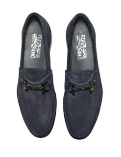Salvatore Ferragamo Grandioso Blue Suede Gunmetal Gancini Bit Loafers Shoes 9