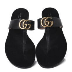 GUCCI GG Marmont Black Leather Thong Flat Sandals Size 39