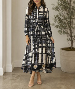 HANNES ROETHER Plaid Floral Cotton Long Sleeve Belted Maxi Shirt Dress Large