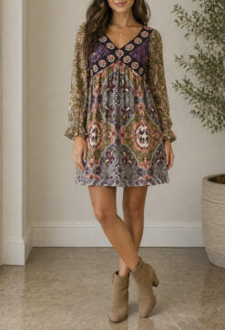 Odd Molly Paisley Silk Satin V-Neck Embroidered Long Sleeve Mini Dress Size 1
