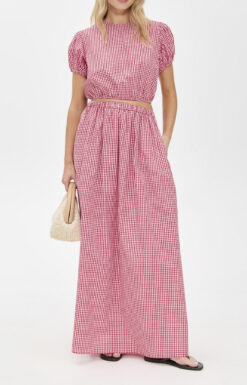Playa Lucila Red Gingham Skirt & Puff Sleeve Top 2 Piece Dress Set Small