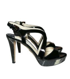 Prada Black Patent Heels Slingback Platform Sandals Pumps 37 Italy