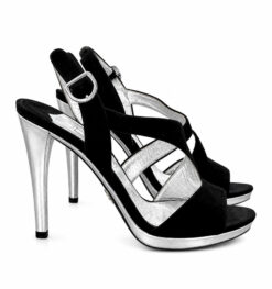 Prada Black Suede Silver Metallic Heels Slingback Platform Sandals 37 Italy