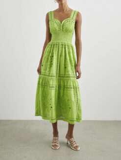 Rails Fawn Cotton Floral Eyelet Smocked Boho Midi Dress in Island Green Small