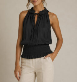 RAMY BROOK Black Satin Sleeveless High Neck Smocked Top Blouse Size Small
