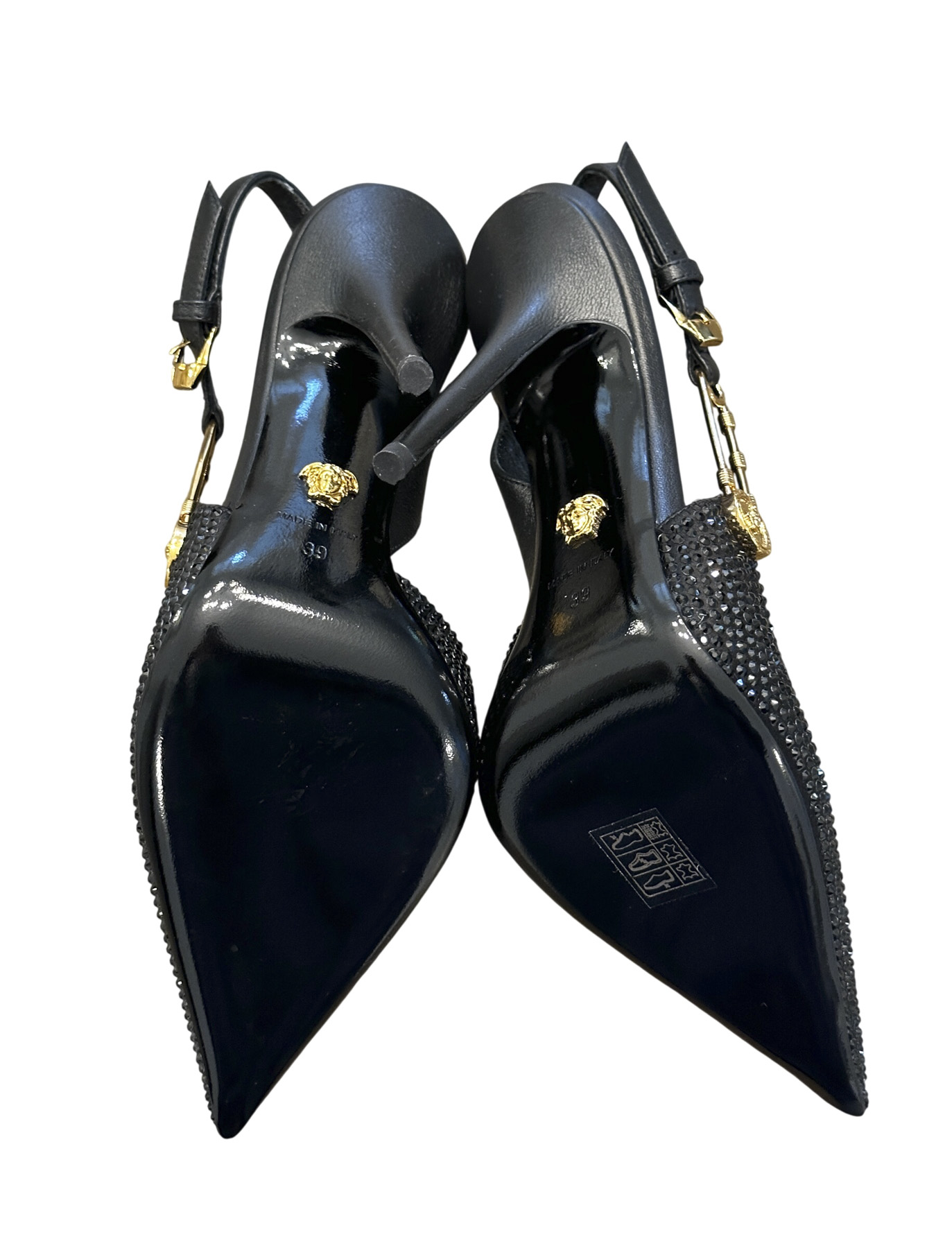 Versace NIB Medusa '95 Safety Pin Crystal Embellished Slingback Heels Pumps 39 - Image 7