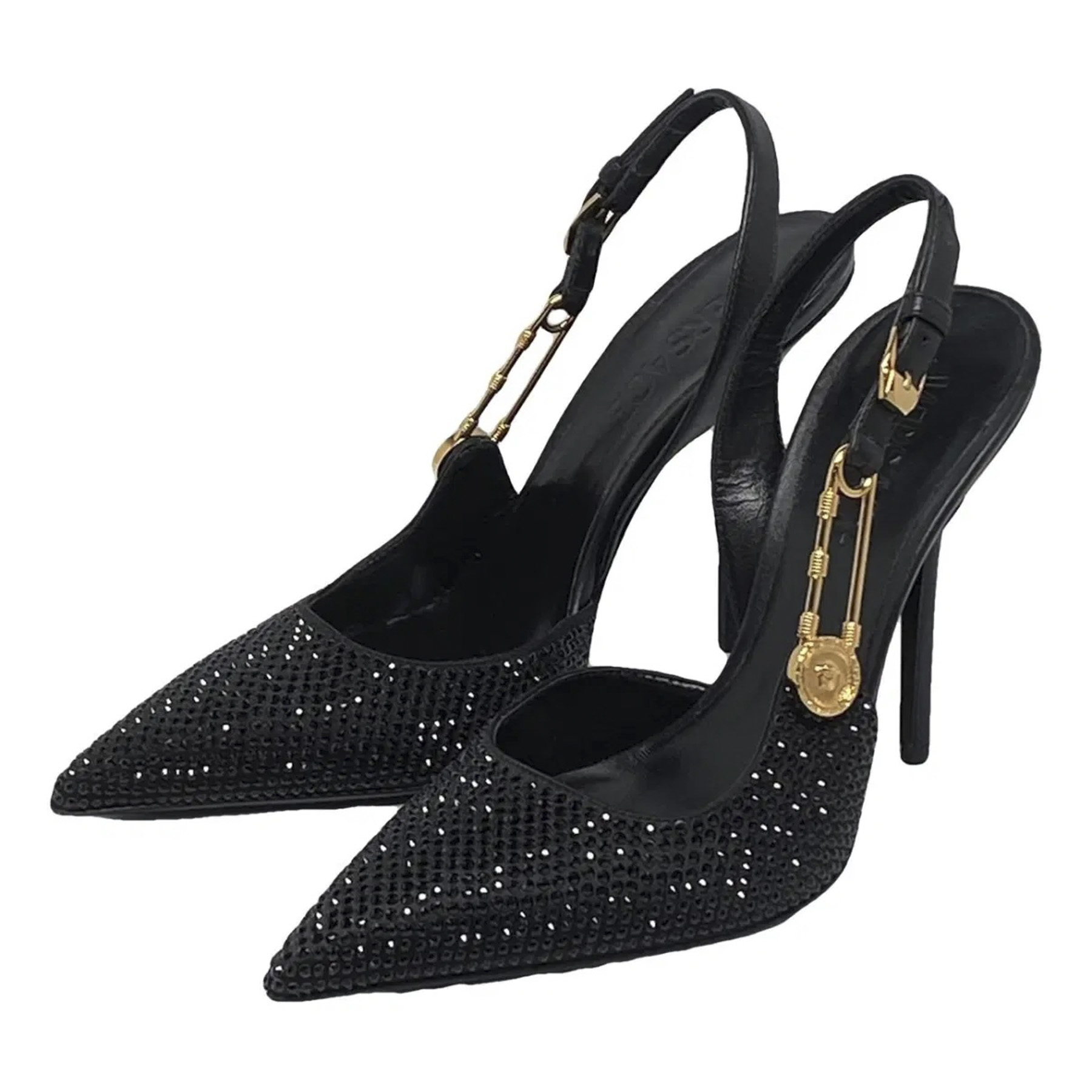 Versace NIB Medusa '95 Safety Pin Crystal Embellished Slingback Heels Pumps 39 - Image 3