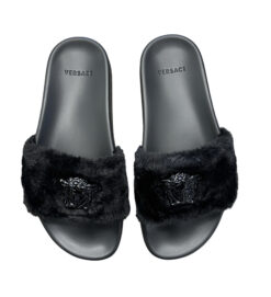 VERSACE NIB La Medusa Medusa Black Faux Fur Rubber Pool Slides Sandals 39.5