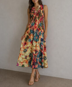 YAVI Floral Satin V-Neck Sleeveless Midi Dress Size Medium