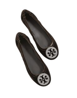 Tory Burch Minnie Crystal Reva Embellished Logo Ballet Flats Size 10 Brown