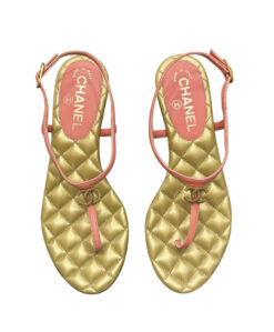 CHANEL Pink Leather Gold CC Quilted T-Strap Thong Flat Sandals 38 NEW