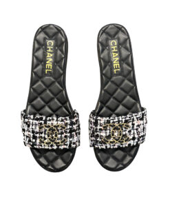 CHANEL CC Chain Tweed Quilted Mules Slides Flat Sandals Size 38