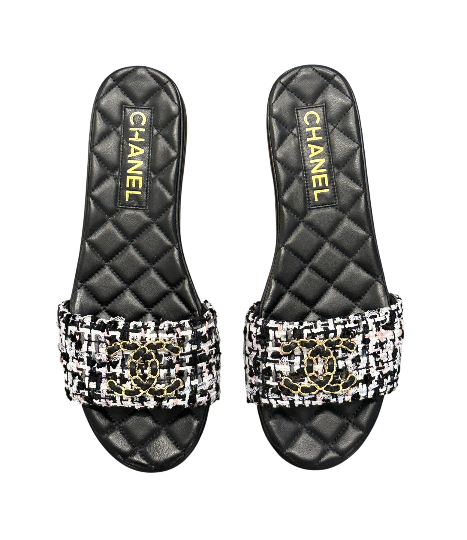 CHANEL CC Chain Tweed Quilted Mules Slides Flat Sandals Size 38
