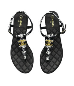 CHANEL Black White Tweed CC Quilted T-Strap Thong Flat Sandals 38 NEW