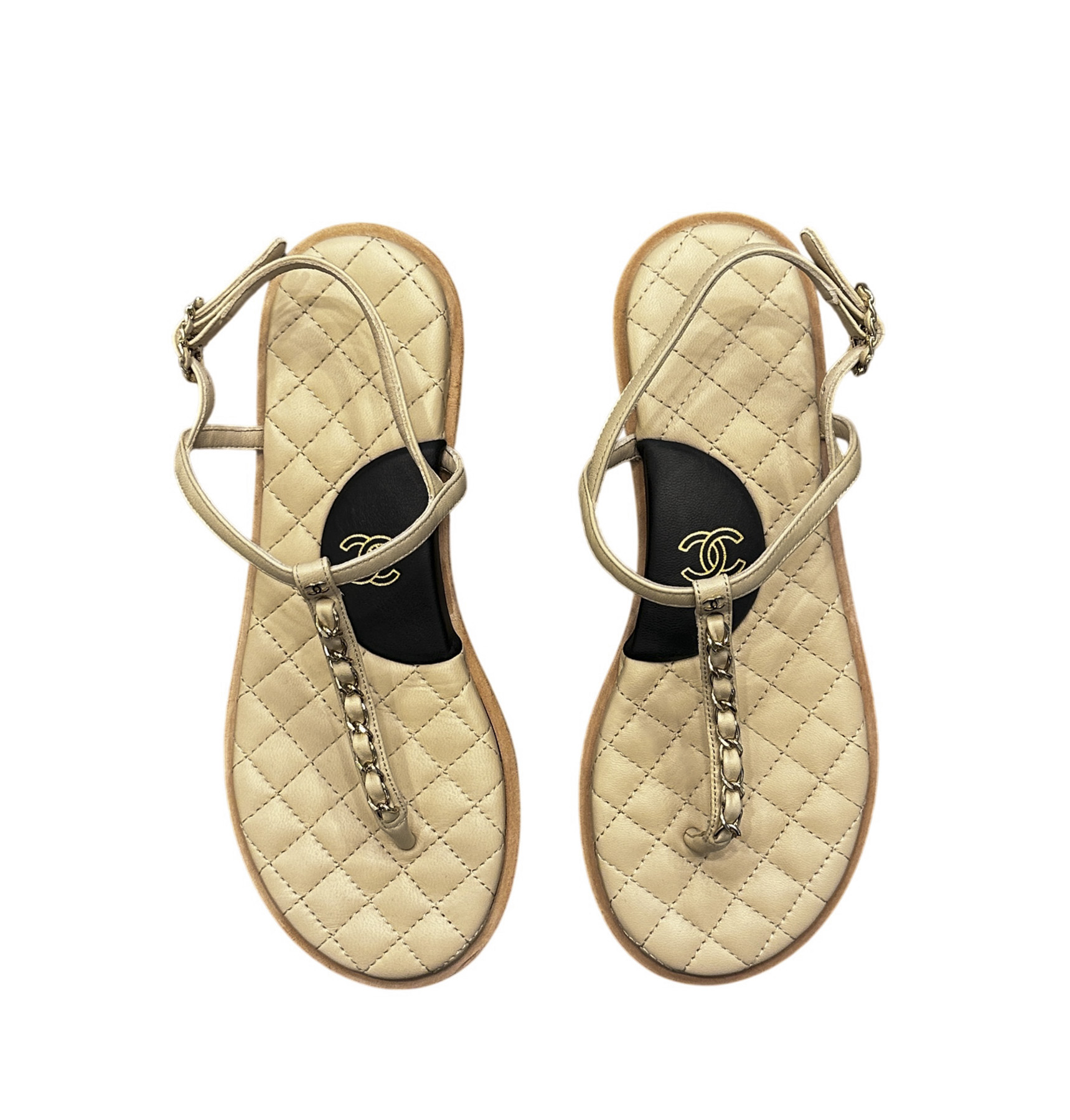 CHANEL Beige Lambskin CC Quilted Chain T-Strap Thong Flat Sandals 37.5 - Image 3