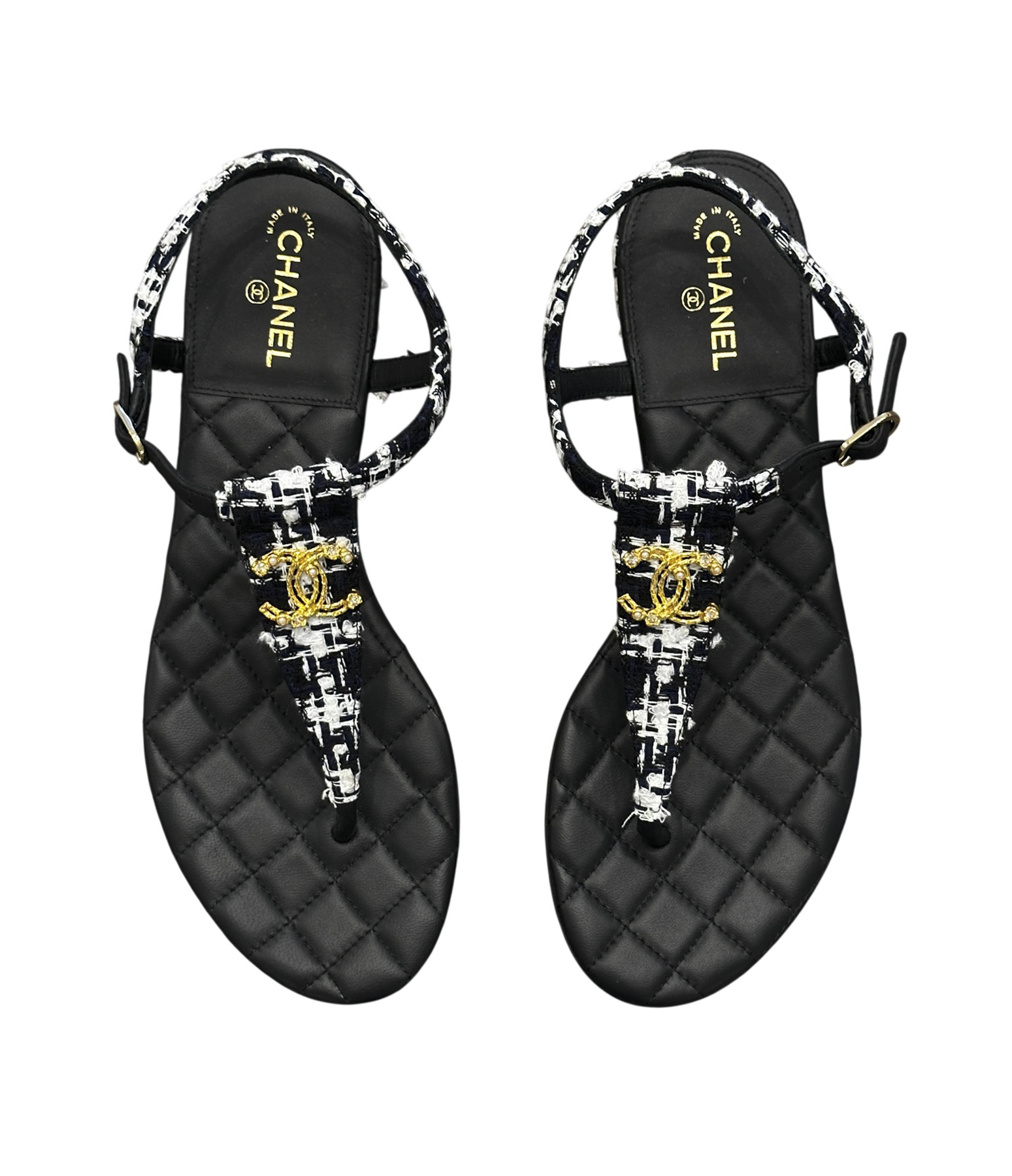 CHANEL Black White Tweed CC Quilted T-Strap Thong Flat Sandals 38 NEW