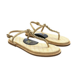 CHANEL Beige Lambskin CC Quilted Chain T-Strap Thong Flat Sandals 37.5