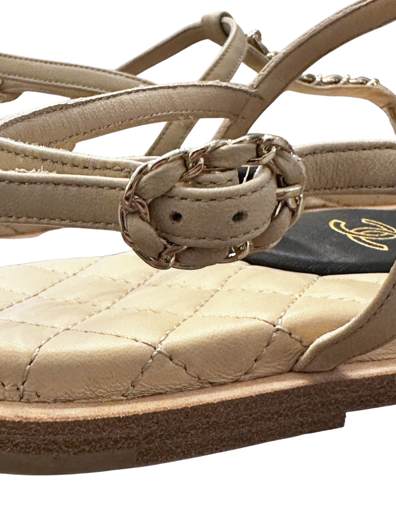 CHANEL Beige Lambskin CC Quilted Chain T-Strap Thong Flat Sandals 37.5 - Image 5