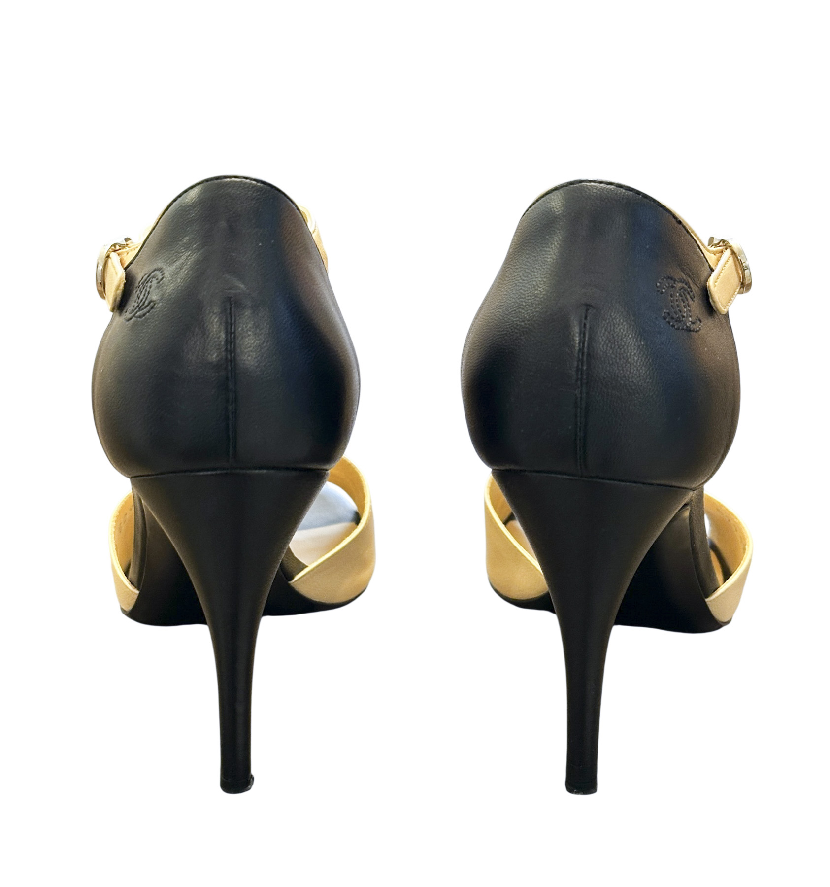 CHANEL Beige & Black Lambskin Open Toe Ankle Strap Heels Pumps Size 37.5 - Image 6