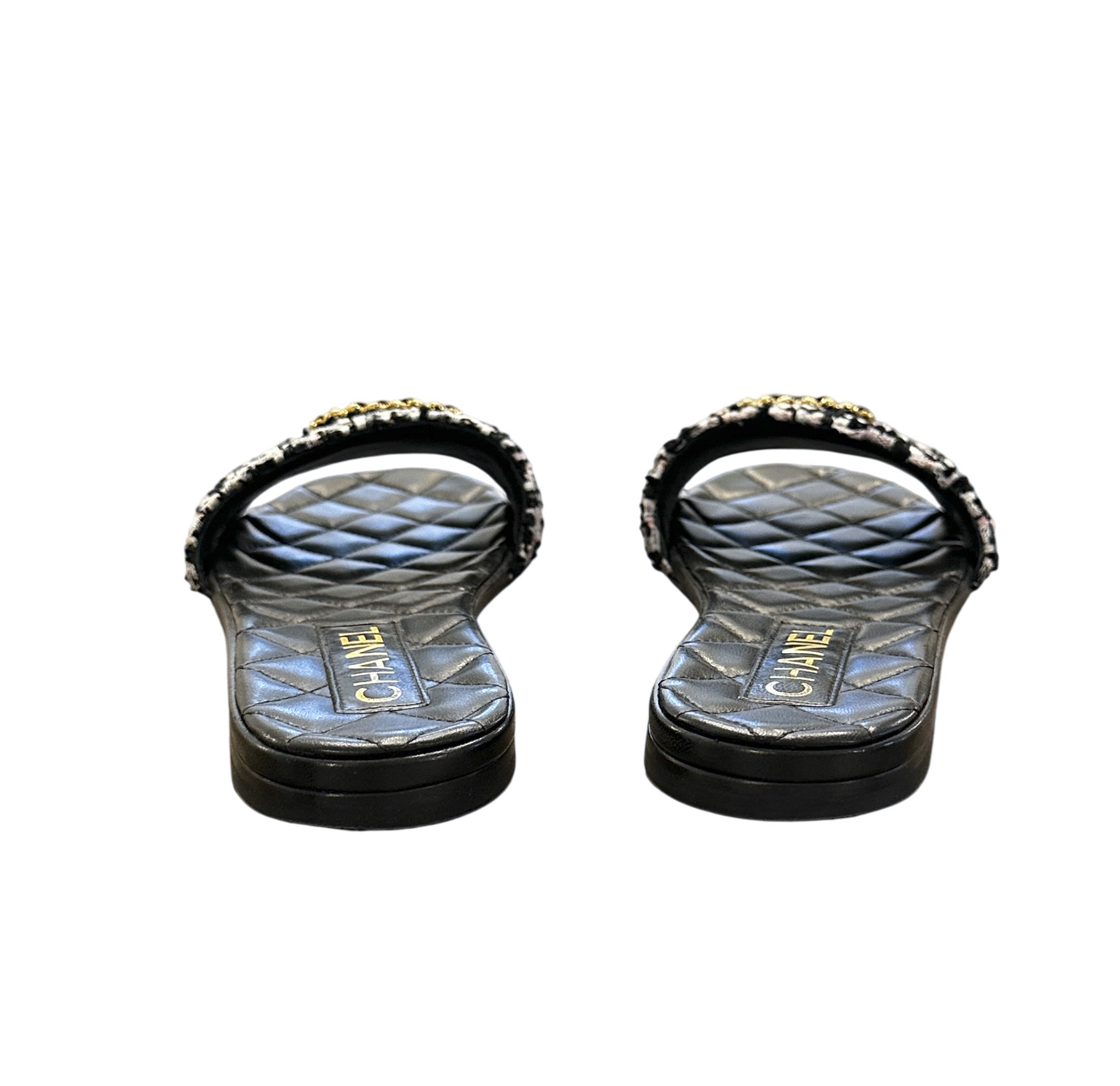 CHANEL CC Chain Tweed Quilted Mules Slides Flat Sandals Size 38 - Image 5