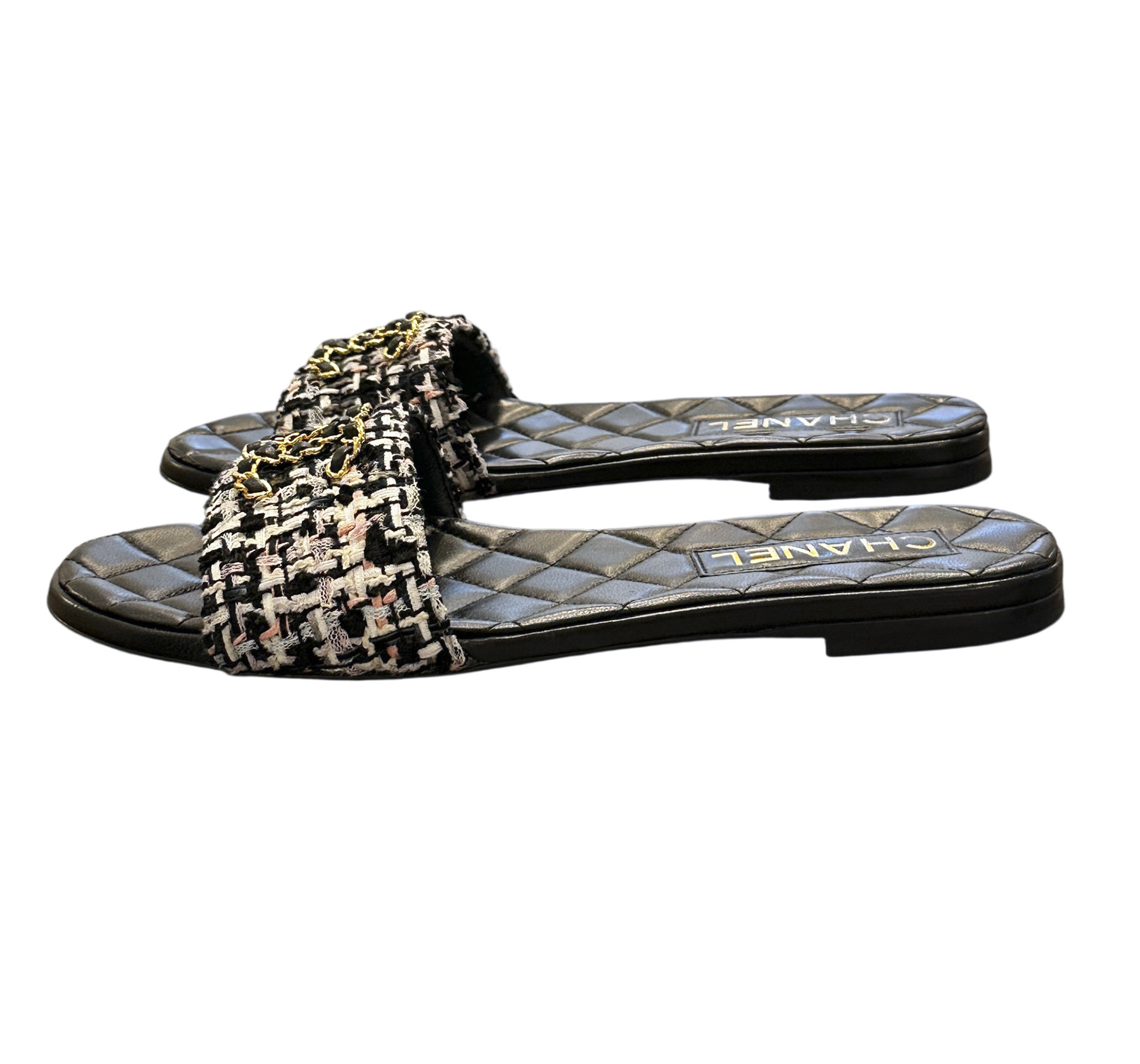 CHANEL CC Chain Tweed Quilted Mules Slides Flat Sandals Size 38 - Image 4