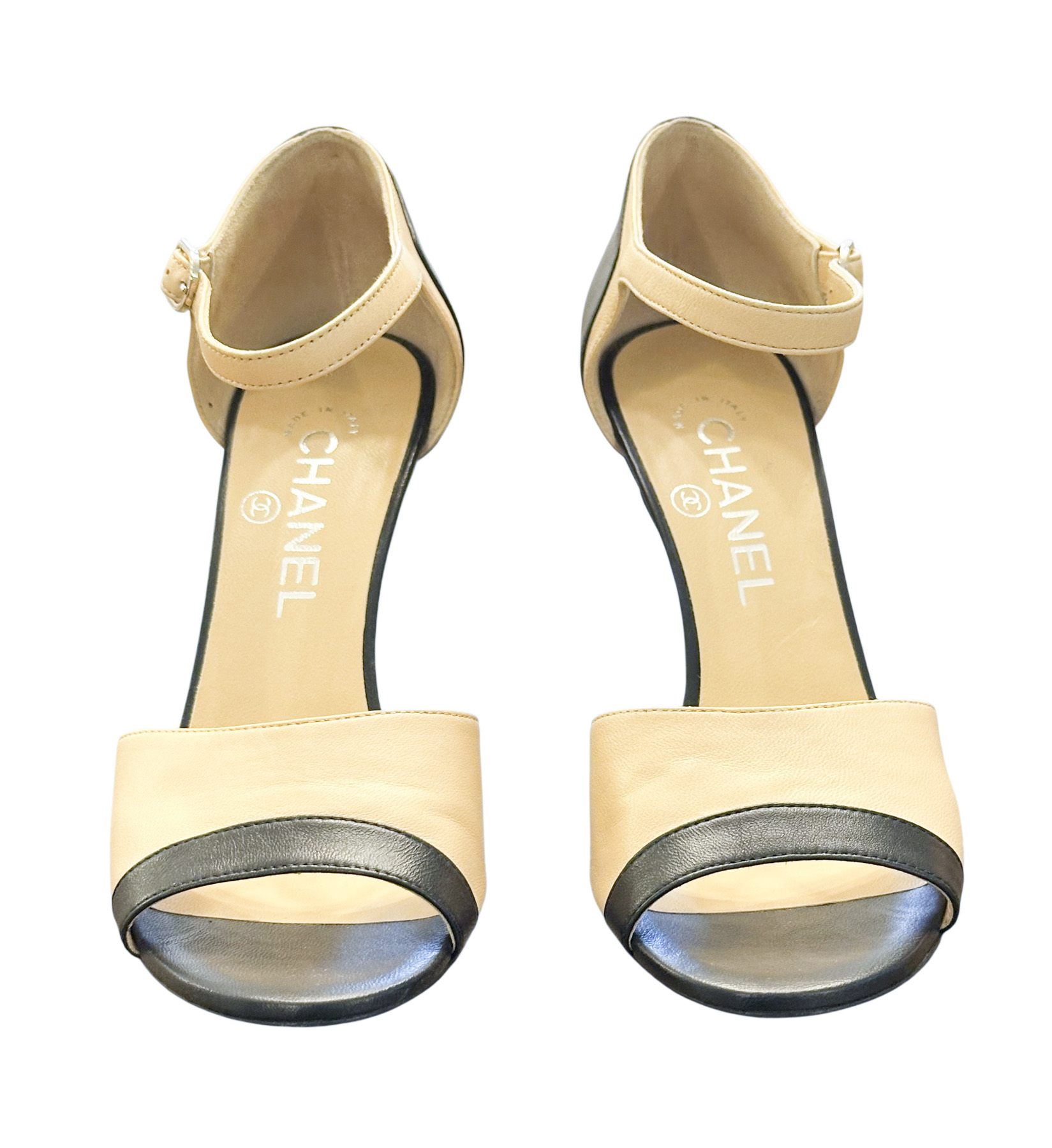 CHANEL Beige & Black Lambskin Open Toe Ankle Strap Heels Pumps Size 37.5 - Image 3