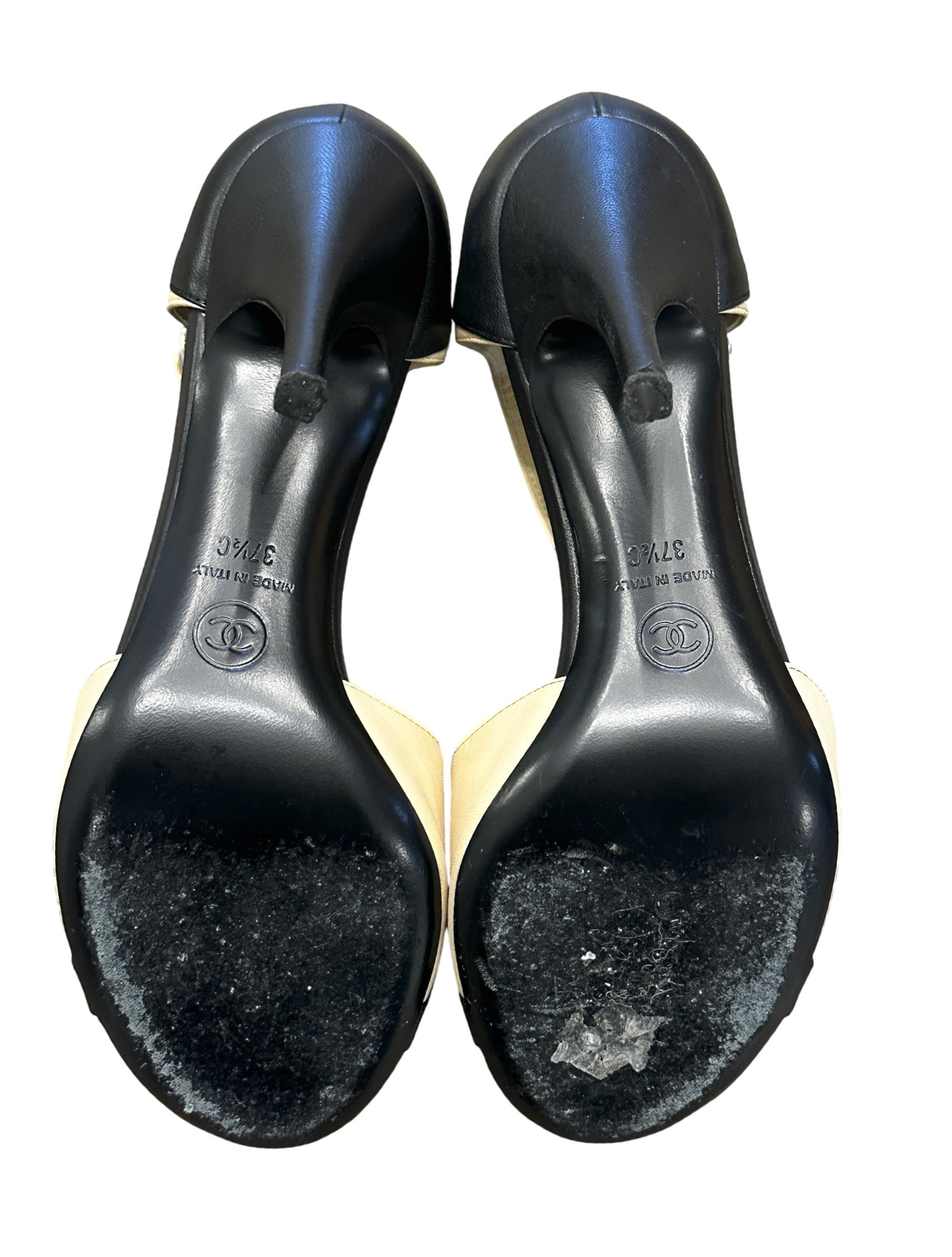 CHANEL Beige & Black Lambskin Open Toe Ankle Strap Heels Pumps Size 37.5 - Image 8