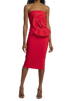 Chiara Boni La Petite Robe Hebe Red Strapless Ruffle Midi Sheath Dress 40