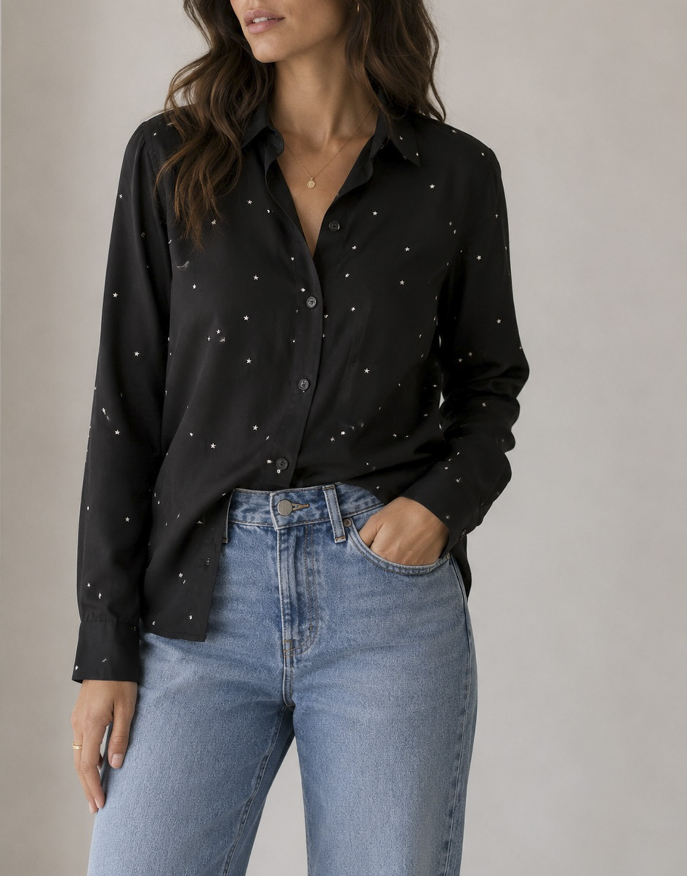 Equipment Femme Black Stars Print Signature Long Sleeve Button Up Top Blouse Small