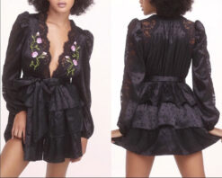 For Love & Lemons Black Fleur Jacquard Lace Plunge Neck Mini Robe Dress Medium