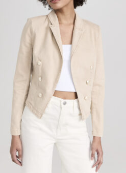 L’AGENCE Wayne Double-Breasted Denim Jacket Gold Anchor Buttons Beige XS