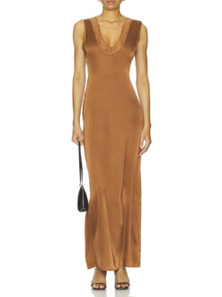 Lioness NWT Simi Umber Brown Satin Lace Trim Maxi Slip Dress Large