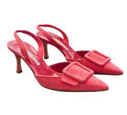 Manolo Blahnik Maysli 70 Bright Pink Suede Slingback Heels Pumps Size 37.5