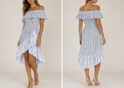 MISA Los Angeles Marin Blue Striped Cotton Off Shoulder Dress Size Small