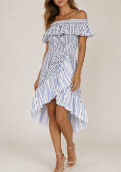 Alternative view of MISA Los Angeles Marin Blue Striped Cotton Off Shoulder Dress Size Small