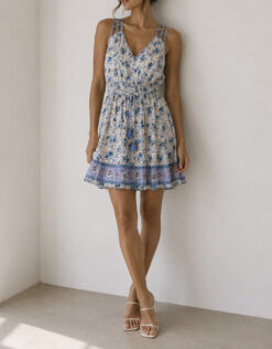 Poupette St Barth Blue Floral V-Neck Flutter Strappy Boho Mini Dress Size Small