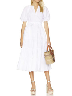 ULLA JOHNSON Olina White Cotton Poplin V-Neck Short Sleeve Midi Dress 4 $450