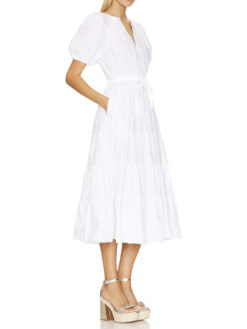 Alternative view of ULLA JOHNSON Olina White Cotton Poplin V-Neck Short Sleeve Midi Dress 4 $450
