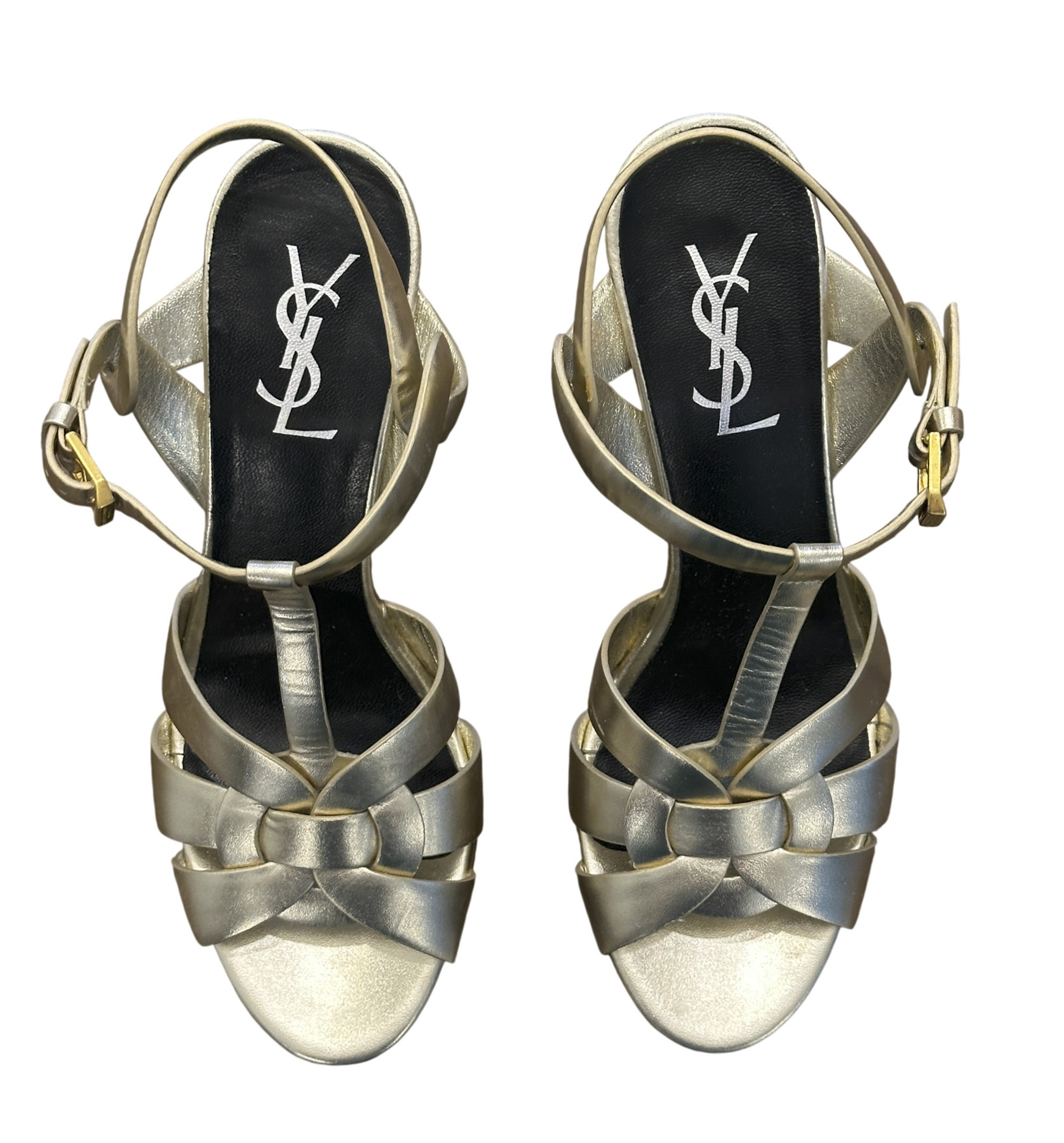 SAINT LAURENT Tribute 75 Gold Metallic Calfskin Platform Heels Sandals Size 37.5 - Image 5