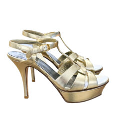 Alternative view of SAINT LAURENT Tribute 75 Gold Metallic Calfskin Platform Heels Sandals Size 37.5