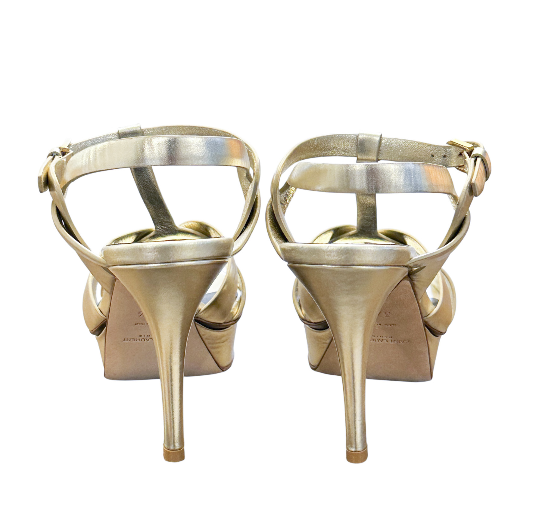 SAINT LAURENT Tribute 75 Gold Metallic Calfskin Platform Heels Sandals Size 37.5 - Image 6