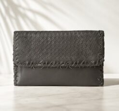 Bottega Veneta Intrecciato Woven Leather Fringe Flap Clutch Greige